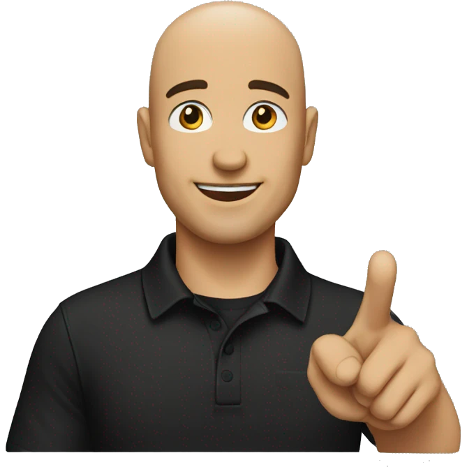 bald man pointing in front wearing a black cap and black polo emoji
