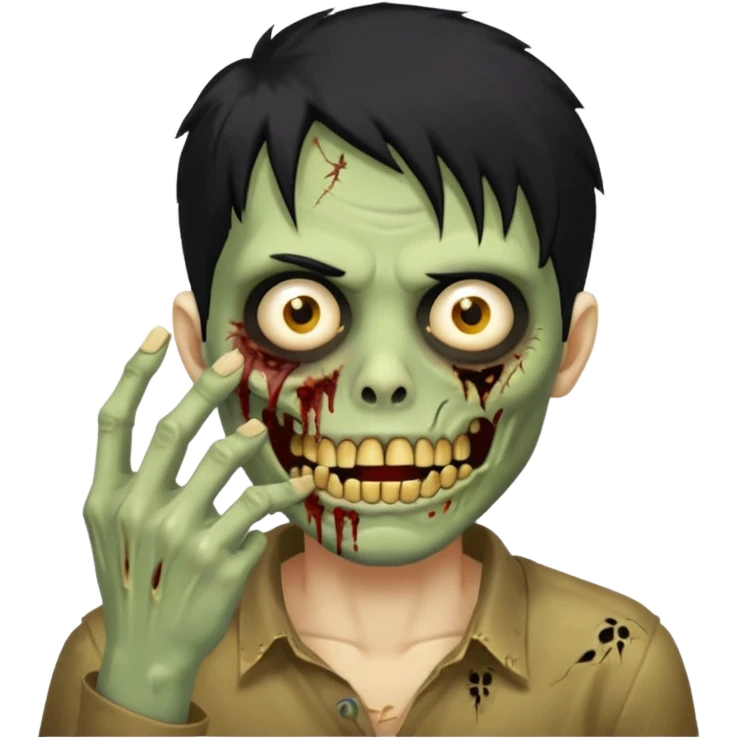 cabelo liso desordenado negro homen con aparencia de zombi y que haga un gesto mostrando los dientes de oro que se agarre la boca con la mano emoji