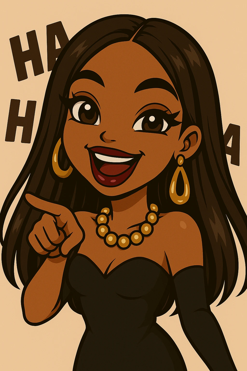 Keep her pointing and laughing with 'ha ha ha' in the background, headshot only, 20-year-old anime Bratz style woman with dark skin, straight hair, more trendy outfit, big expressive eyes, glossy lips, no hat, no tears, happy expression, looking straight ahead. The style should reflect anime Bratz aesthetics with vibrant colors and expressive features. emoji