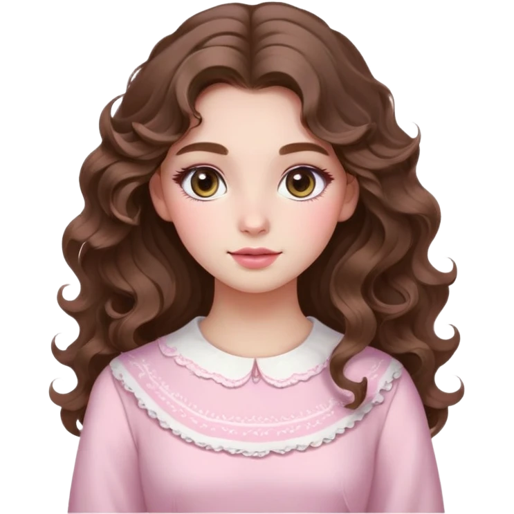 girl long brown hair
wavy curls wavy

looks 18 years old
oval face egg-shaped cheeks fair skin white makeup pink blush with eyeshadow pink makeup my eyes brown round oval

wearing long sleeve tradicional white dress 
cute emoji