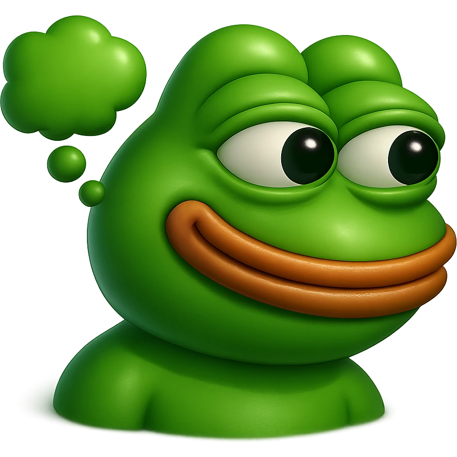 make a pepe in bright green smiling with thought bubble looking at left side in 3d style, good highlights and shadows, drop shadows emoji