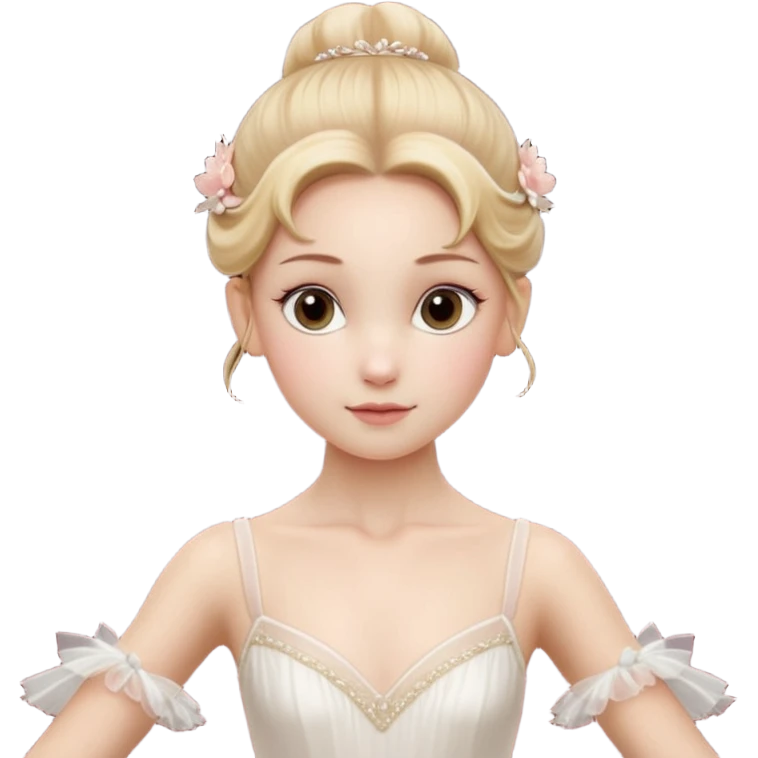 Cinematic Realistic Ballerina Portrait, depicted with lifelike skin texture, subtle rosy undertones, and soft natural lighting that enhances the gentle contours of her face. Her intricately detailed golden blonde hair is elegantly styled in an updo, emoji
