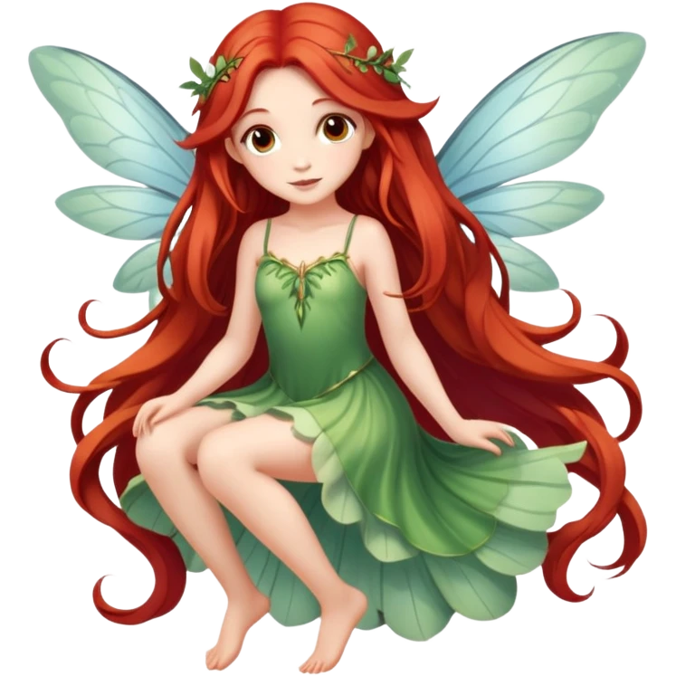 Une magnifique fée mignonne avec de belles ailes une magnifique robe naturelle avec de très long cheveux roux avec des yeux marrons de belle jambe et une belle pose emoji