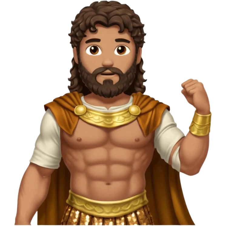 Hercules, God of Heroes from Roman Deities with long dark brown wavy hair and beard, bronze sequin toga emoji
