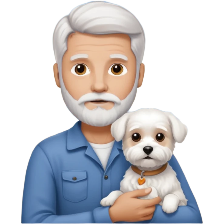 white man grey and white hair beard holding a white Maltese on a beach emoji
