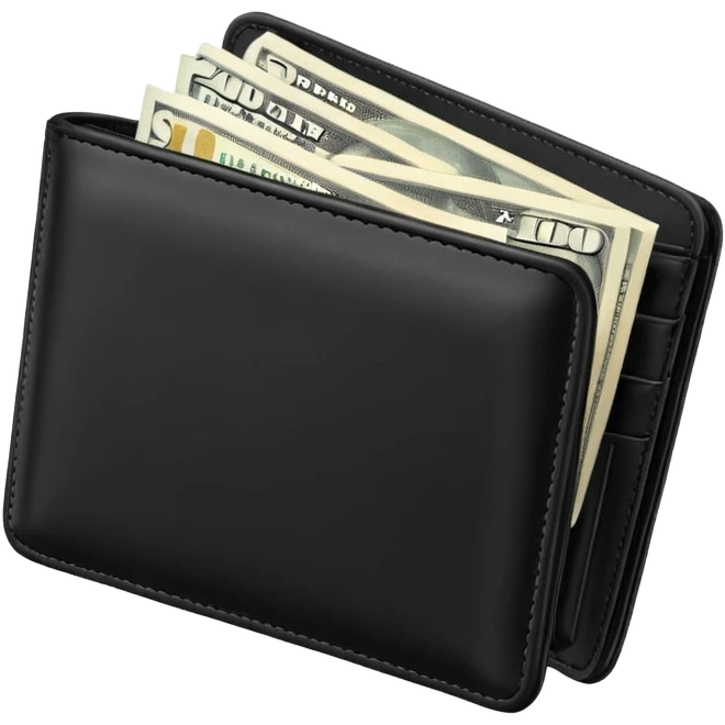 Rich emoji style black leather wallet with dollar bills, luxury money vibe, premium 3D emoji, ultra clean, high detail, no background
 emoji