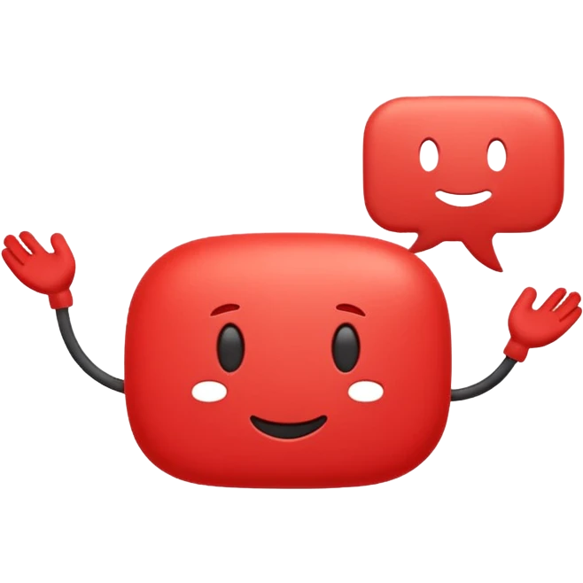 Minimal red emoji character shaped like a rounded speech bubble, with a soft face and two white lines inside symbolizing text. Small arms and legs, looks energetic and helpful. Represents short and clear communication. Flat emoji style on white background, clean and cheerful emoji