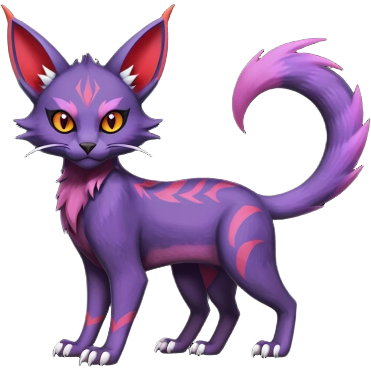 Black edgy Noivern-Noibat-Purloin-Torracat-Lykoi-Caracal-cat-Fakemon-fusion-hybrid-creature with violet and red scale markings emoji