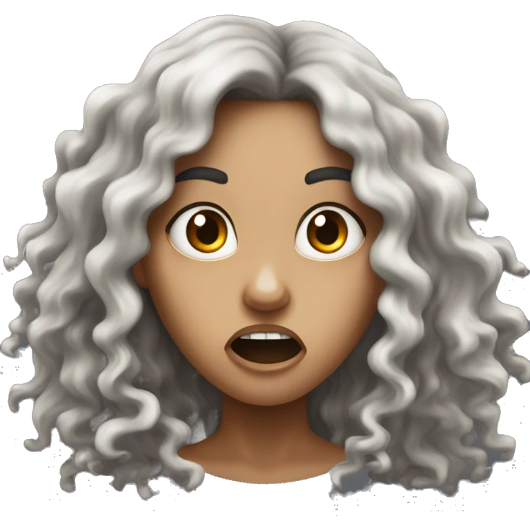 A half black half white girl with long curly brown hair going crazy with fumes coming out and angry eyes emoji