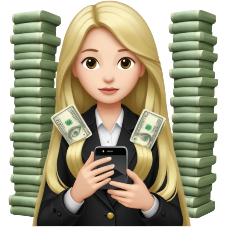 Девушка одета роскошно, в руках айфон, вокруг много денег, прям мешки денег  emoji