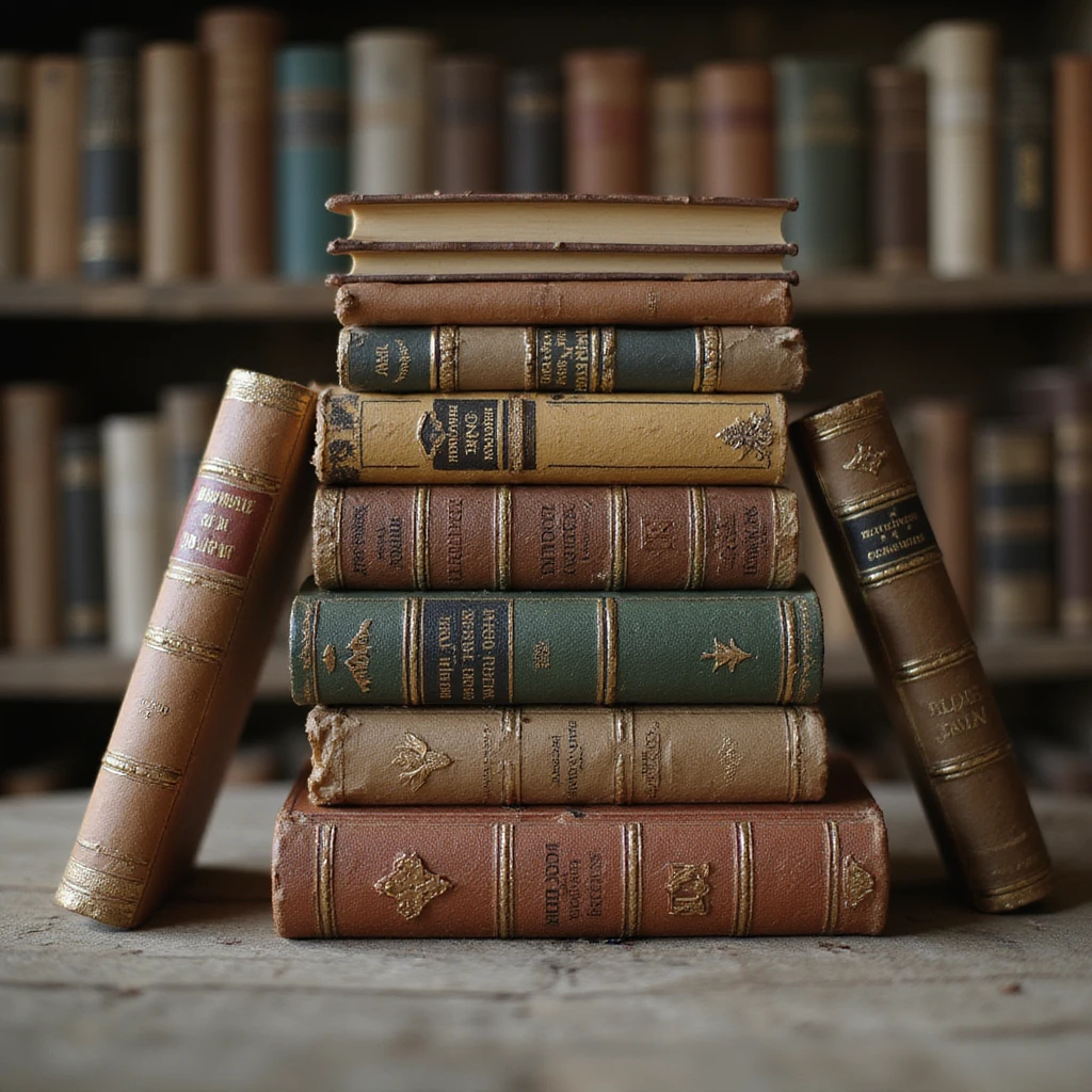 many stacked books, realistic style, photorealistic, detailed textures emoji