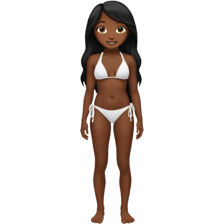 Dark black skin, african girl, long black hair, white bikini smiling, full body, posing, side view. emoji