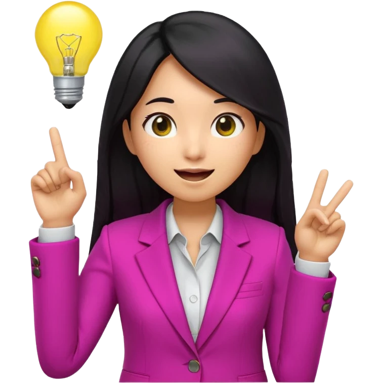 Cute 3D emoji of a Korean woman in a magenta blazer, long black hair and big brown eyes, with a light bulb above her head, excited expression, finger pointing up, solid lemon yellow background. emoji