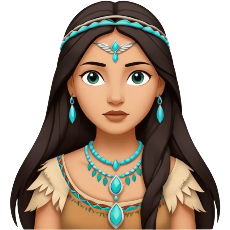 Cinematic Elegant Pocahontas Portrait Emoji, rendered in a realistic, vector-style with minimal shading and bold, simplified shapes. Depict Pocahontas (chest and above) with warm, sun-kissed skin, long, flowing dark hair, and gentle, wise eyes, wearing traditional attire in earthy tones with hints of turquoise. The image glows with a soft, natural radiance and high shine, embodying timeless indigenous beauty. emoji