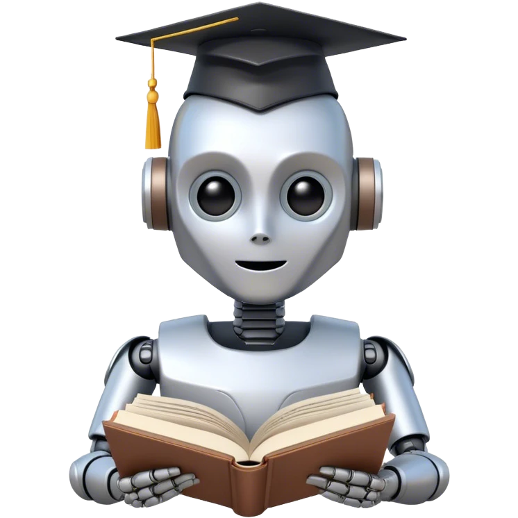 artificial robot reading a big book with graduation head emoji