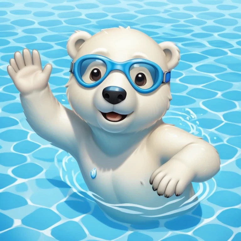 friendly anthropomorphised polar bear swimming freestyle with excited expression, wearing blue swimming goggles, pool tiles and water visible emoji