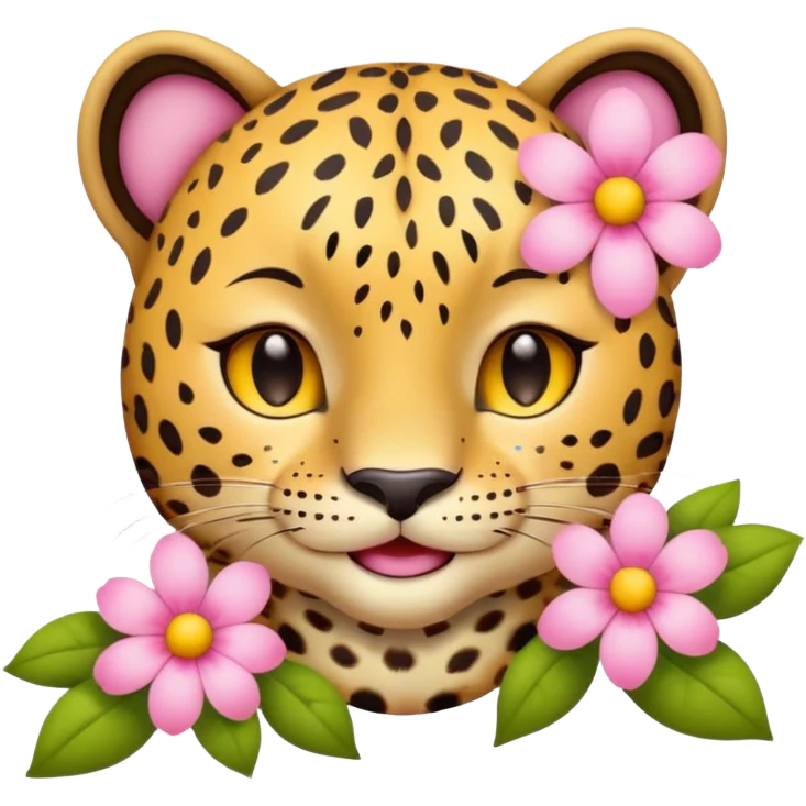 A leopard with eyes closed and a peaceful smile. A pink flower with a yellow center is tucked behind its right ear
 emoji