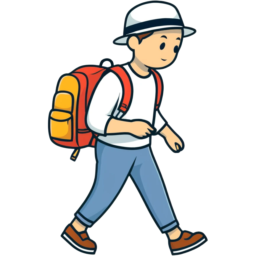 sad tired traveler with backpack and hat walking emoji