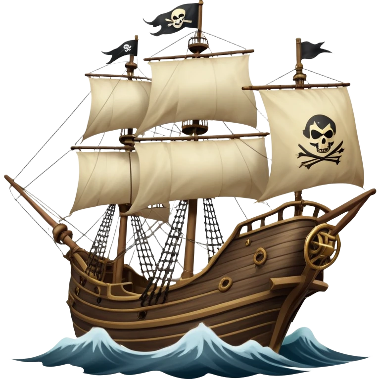 An icon representing an adventure game, inspired by high-seas exploration. The design features a fearless pirate gripping the wheel of a grand sailing ship, its tattered Jolly Roger flag billowing as it cuts through stormy waters. The scene evokes danger, treasure, and the thrill of the open sea. Transparent background. emoji