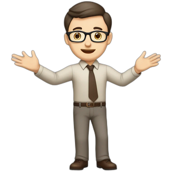 To belt Actively gesturing with hands Pale skinned fit man teacher with dark brown hair in gray jacket, beige office shirt, brown tie, brown pants and vintage glasses. emoji