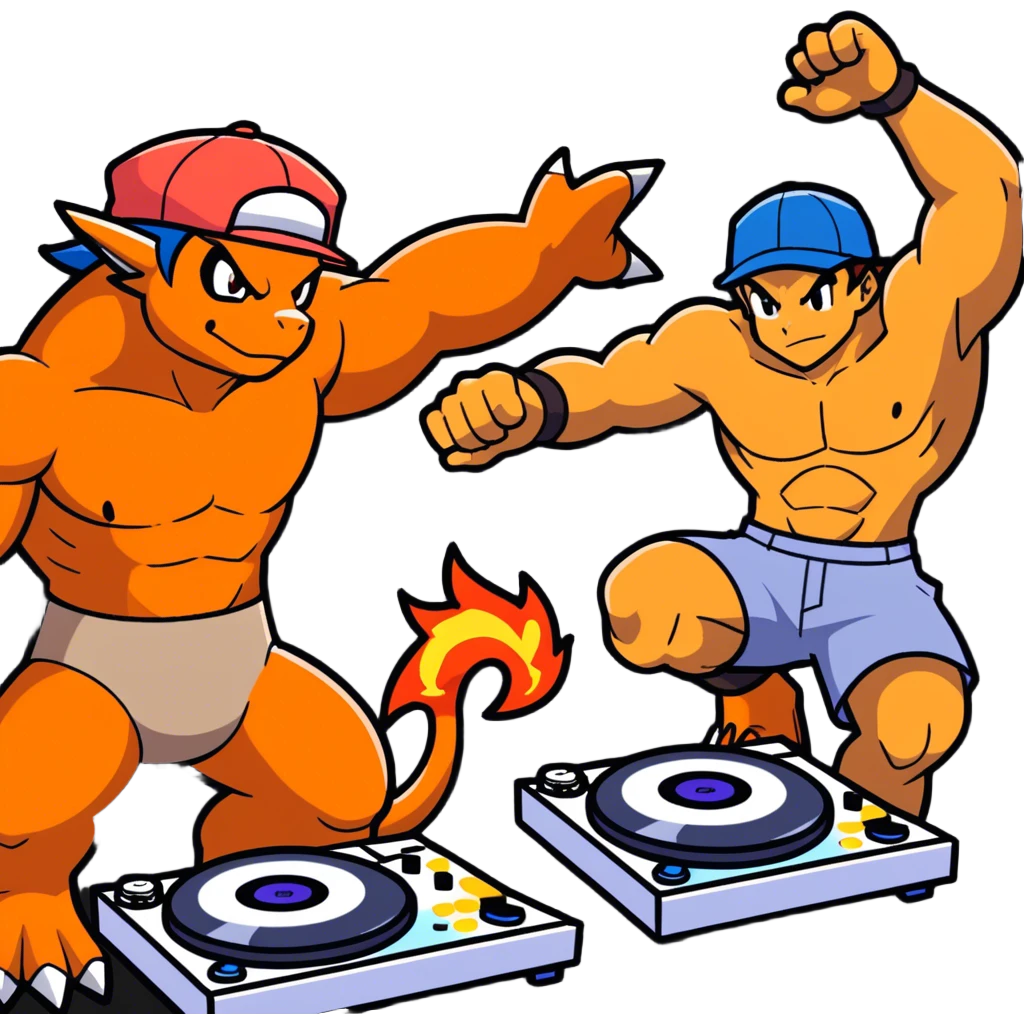 21 yo Handsome tall muscular shirtless Ash Ketchum on fire as a dj with charizard dancing emoji