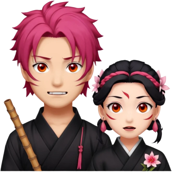tanjiro male : Kind red eyes, black hair with burgundy tips, forehead scar, tanned skin, Hanafuda earrings.                             nezuko:   Pink eyes, black-orange hair, fangs, bamboo muzzle in mouth. emoji