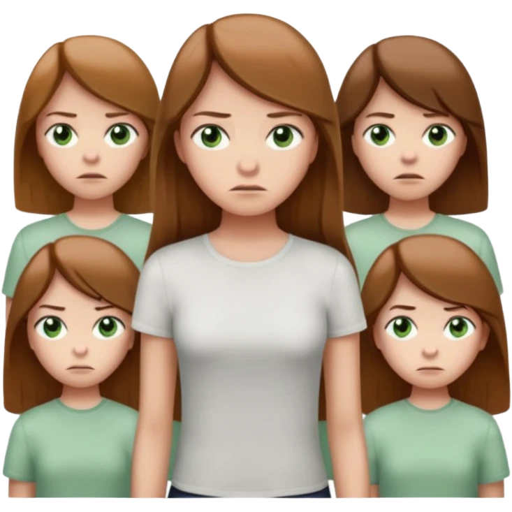 Cartoon emoji of a girl with long, straight light brown hair, fair skin, soft green eyes. Wearing a white top, standing slightly apart from a group, looking unsure and miserable. Nervous, fearful, lacking confidence. Smooth, simple, stylized." emoji