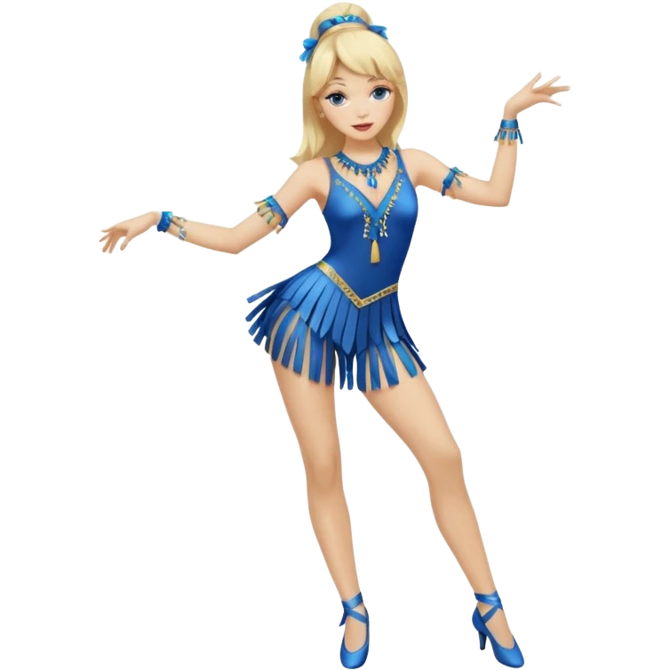 blue jazz style dance costume with tassels on blonde full body emoji