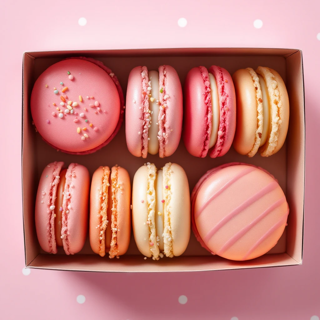 a box of assorted pink and cream macarons, some with sprinkles and stripes, on a soft pink background with polka dots emoji