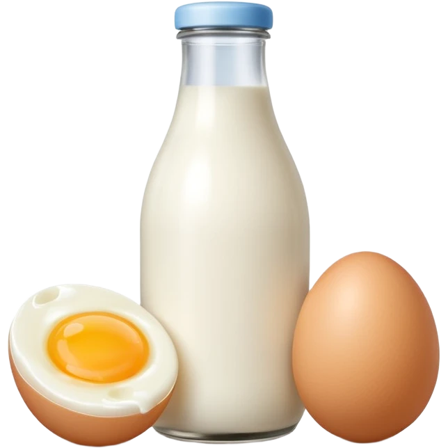 A cluster of dairy items: a milk bottle with an egg and a small cheese drop shadow behind them emoji