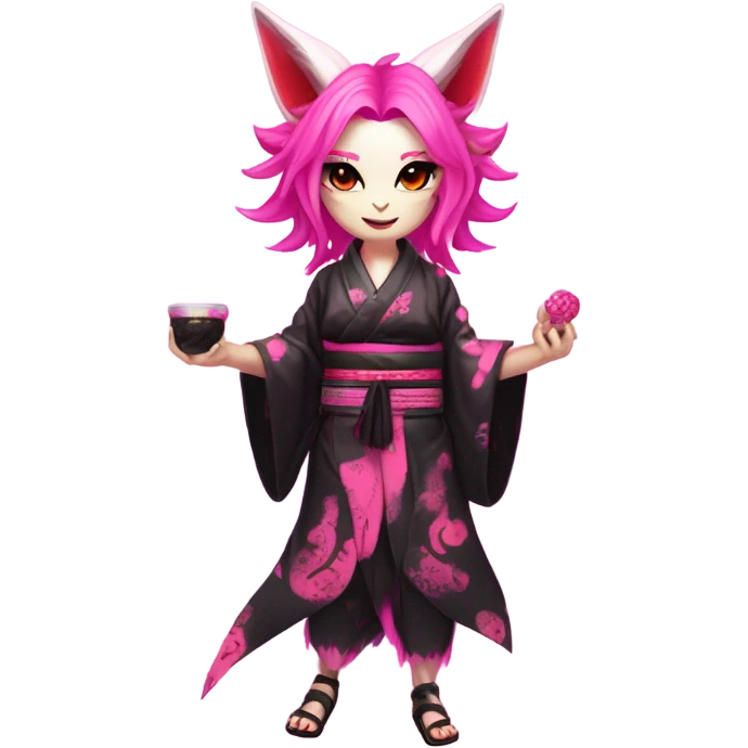 Full body female, succubus kitsune, neon pink eyes, vibrant pink hair, alabaster skin, fluffy black tails, pink tail tips, spiked choker, unique heritage, seductive charm, rebellious spirit, traditional kimonos, spiked anklets, and Barefoot 
 emoji