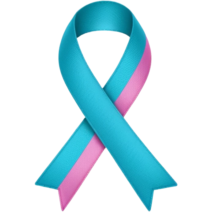 Thyroid cancer ribbon which has a blue strand, a pink strand and teal at the top where the ribbon crossed over emoji