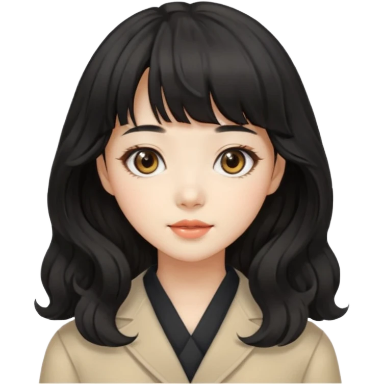 charming Korean girl, black wavy hair, bangs, beige eyes emoji