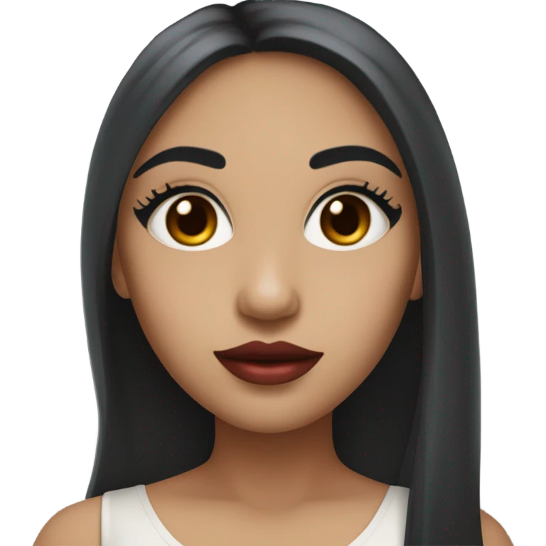 Girl with long black hair, big eyes, small nose, brown eyes, soft arched eyebrows, long eyelashes, black eyeshadow, red lipstick  emoji