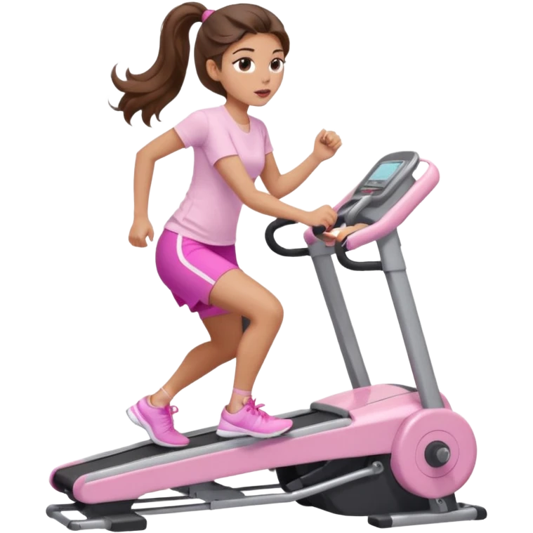 girl with wavy long ponytail brown hair, brown eyes, light to medium complexion, long lashes, light pink lipstick, wearing light pink shirt, on a stairstepper workout machine emoji