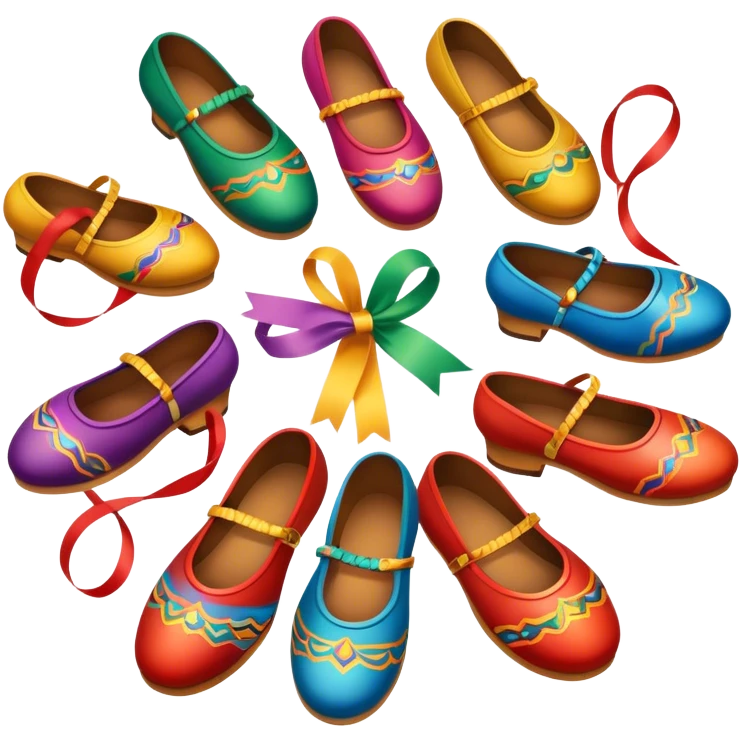 Humanless Icon for Folk Dance: close-up traditional dance shoes, colorful folk costumes, and a dance circle with ribbons and musical instruments like a tambourine or accordion. The icon should represent the vibrant and cultural aspects of folk dancing. Transparent background. emoji