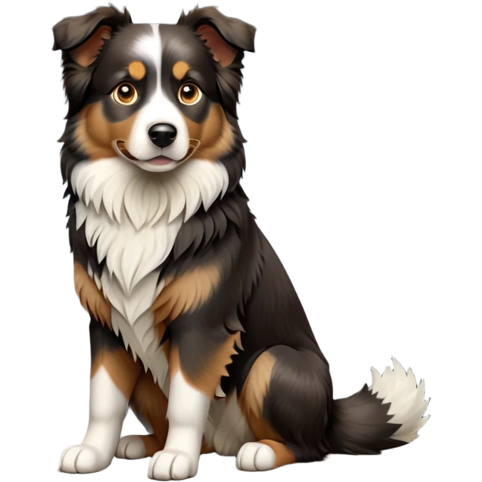 cinematic-[australian shepherd dog]-realistic-full-body-sitting-emoji,-tail-resting-loosely-beside-its-paws,-head-tilted-dramatically,-scruffy-[black white tan]-fur,-simplified-yet-realistic-focused-features,-highly-detailed,-glowing-with-an-almost-sarcastic-glow emoji