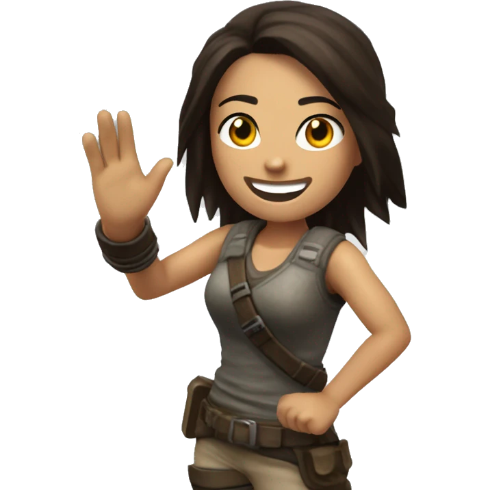 Lara Crofts is smiling and have a waving hand, to say hello in classic tomb raider legend outfit emoji