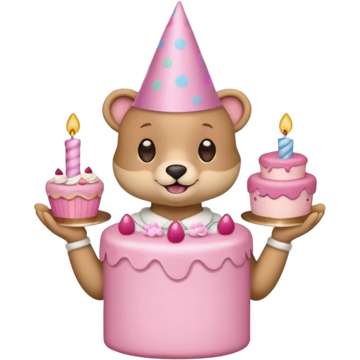 cute animal hold a pink birthday cake in both arms with pink birthday hat emoji