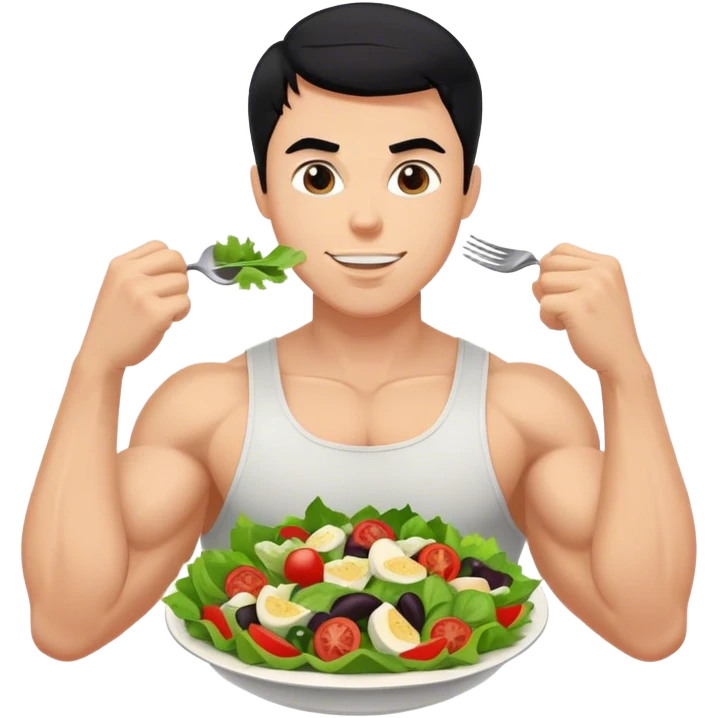 White guy with black hair and arm muscles eating a salad emoji