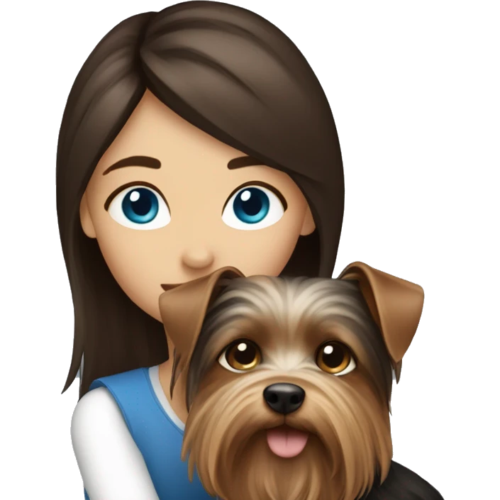 A brunette girl with blue eyes hug her dog Yorkshire Terrier emoji