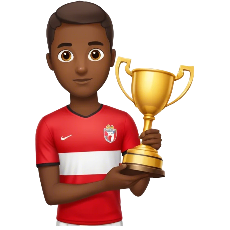footballer in red-white t-shirt, in his hand golden trophy emoji