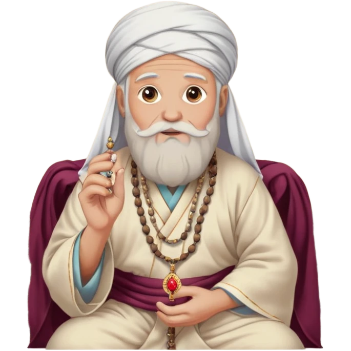 An old man sits on a Persian rug with a rosary, a large ring, a long beard and hair, but he is handsome and modern, wearing a robe and a turban, and looks at the camera with amazement. emoji
