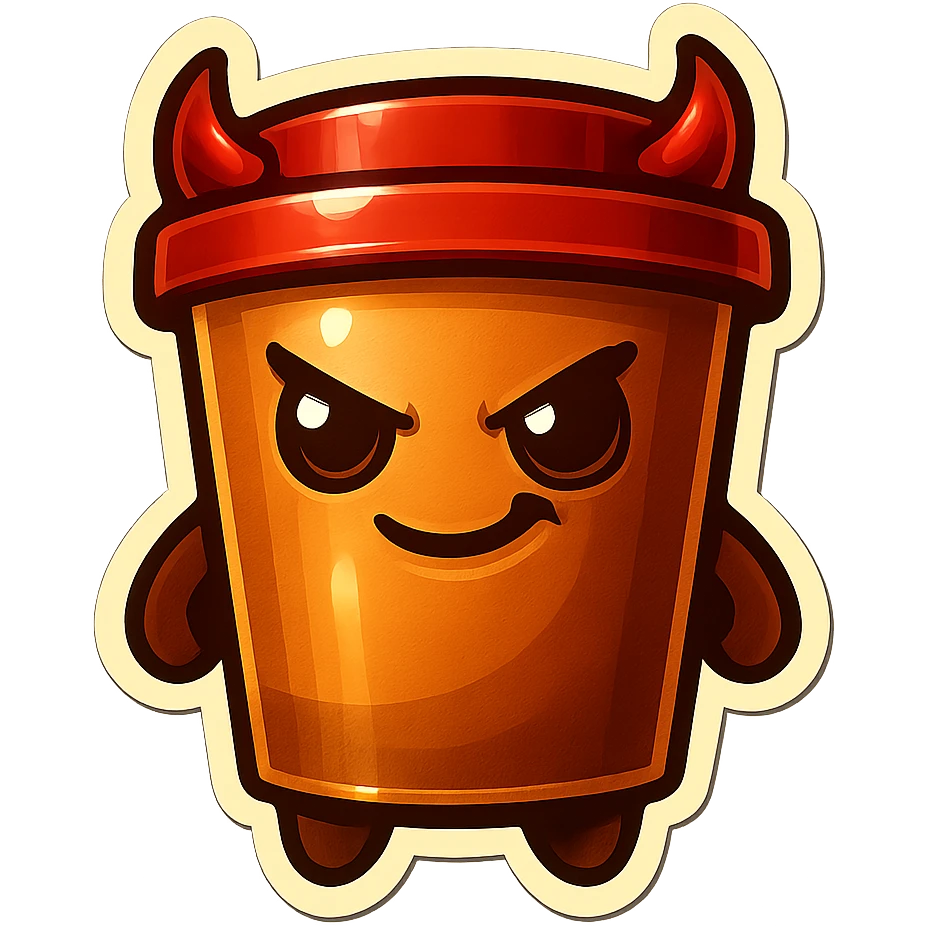 Tall coffee cup, devil horns, smirking, evil emoji