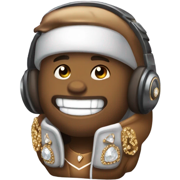 attractive bronze colored sports capper wearing athletic starter jacket wearing headset and has diamonds and jewels for teeth emoji