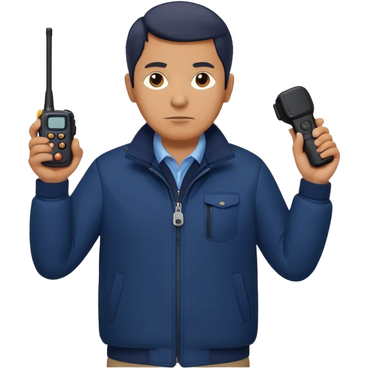 Security, Middle-aged, wearing navy blue jacket, serious facial expression, holding holding walkie-talkie, full body emoji