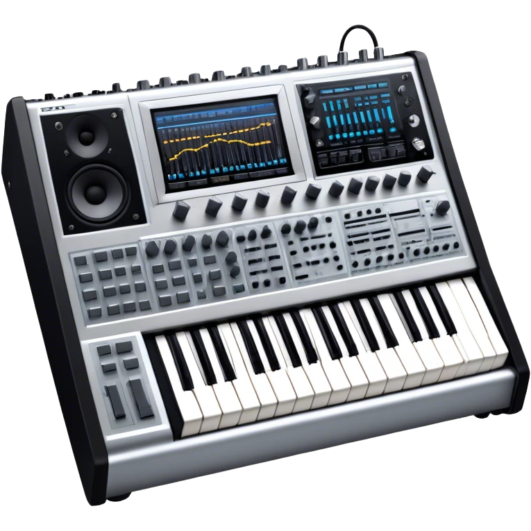Create a professional and detailed emoji that represents sound design equipment. The design should feature a high-end Korg synthesizer, a sound mixing console, and a control panel with audio cables connecting to large studio speakers. Surround the equipment with sound waves made of musical notes to symbolize the creative process of shaping sound. Use sleek colors like silver, black, and neon accents to highlight the high-tech nature of the equipment. The background should be transparent. emoji