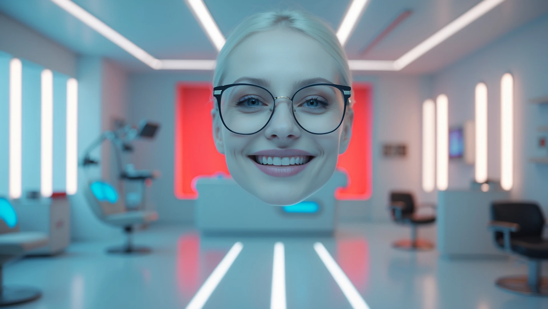 Cinematic still, Proffesional advertising of a smiling european white woman with glasses smiling, minimalistic ophthalmologist interior in background, leading  lines, "rule of thirds", 60/30/10 colors, soft light, blue and red emoji