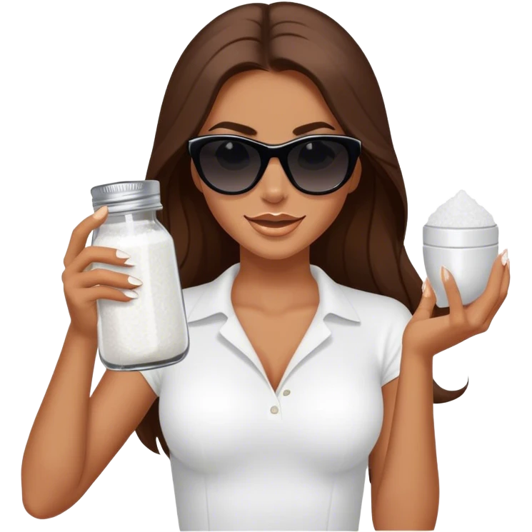 sassy woman with long brown hair, tan skin, and dark sunglasses holding a salt shaker filled with white table salt. She is sprinkling the salt out from the shaker while smirking emoji