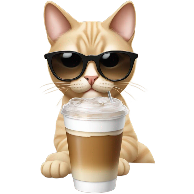Beige cat wearing black sunglasses with a ice coffee emoji